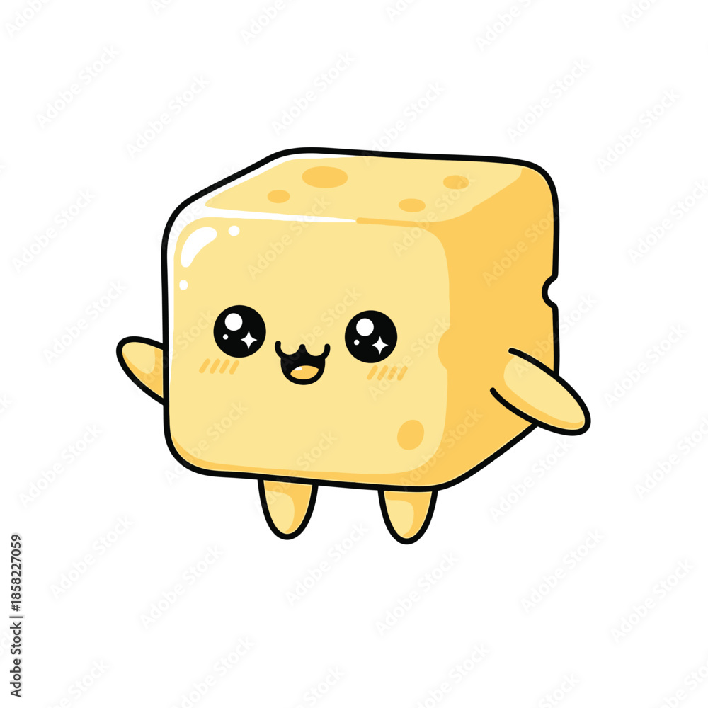 Fototapeta premium Cartoon Cheese Cube Character Smiling Face.