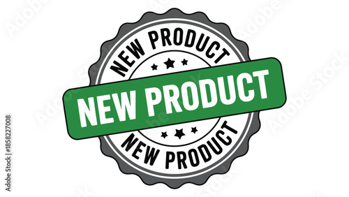  New product green badge label with modern round stamp design for marketing, promotion, ecommerce launch and branding use