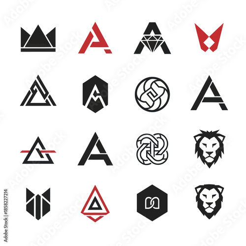 Collection of modern abstract logos and emblems with geometric shapes and letter A.