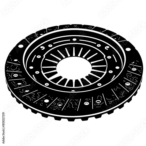 Automotive car clutch lining plate vector illustration in black and white silhouette style for manual transmission system maintenance and repair.