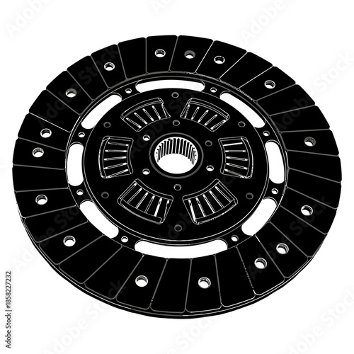 Automotive car clutch lining plate vector illustration in black and white silhouette style for manual transmission system maintenance and repair.