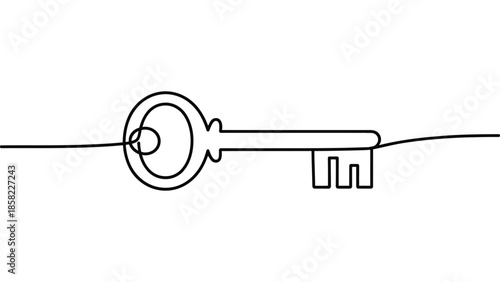  Continuous one line drawing of key isolated on white background, minimal outline illustration symbolizing security, access, solution, success and protection concept