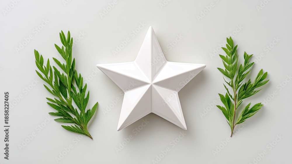 Obraz premium Minimalist White Star Decoration Surrounded by Fresh Green Leaves for Modern Home Aesthetic and Natural Elements in Interior Design