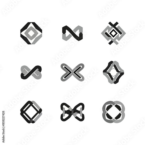 Collection of abstract geometric shapes and symbols in black and white.