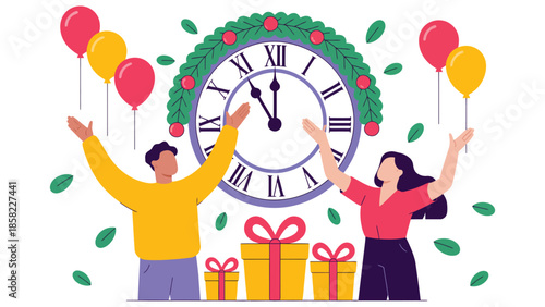  Happy new year celebration illustration with couple holding balloons clock striking midnight gifts fireworks joy countdown festive holiday concept on colorful white background
