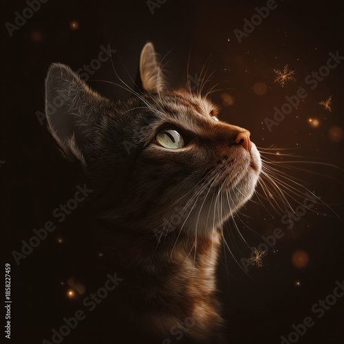 Cute cat isolated new year cinematic illustration with soft dramatic lighting, gentle glow around the cat, festive elements subtly floating, isolated background for easy cutout 