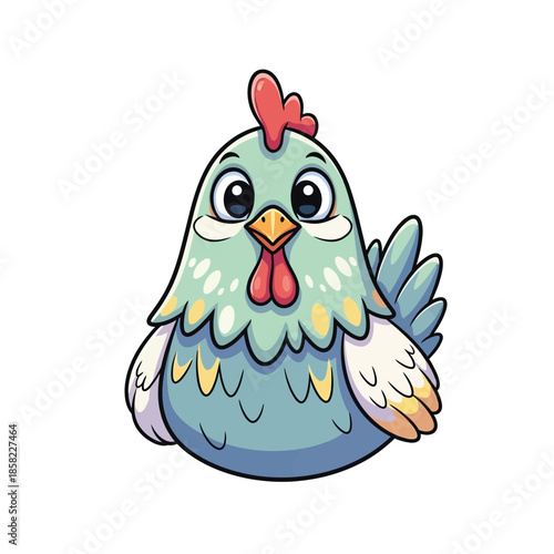 Cartoon chicken with colorful feathers.