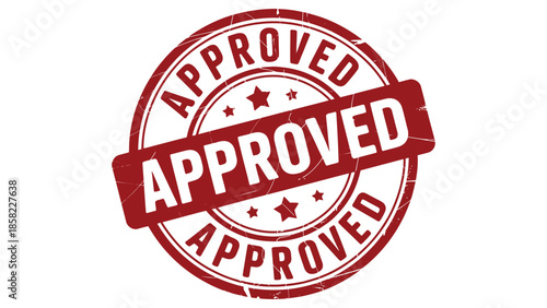  Approved stamp seal vector illustration in red grunge style with circular rubber stamp effect, verified approval label for documents, business validation, quality control and certification use