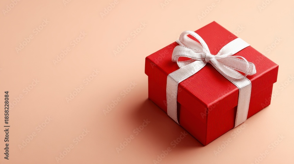 Fototapeta premium A vibrant red box with a white ribbon and bow, casting a shadow on a light peach-colored surface. The box is centered