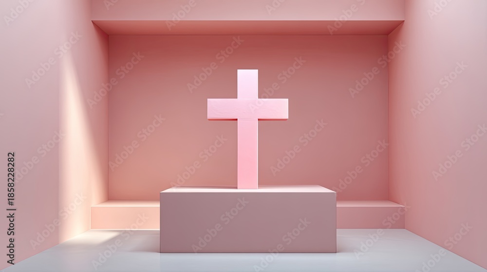 Obraz premium Minimalist pink interior with a large cross sculpture, soft lighting, and simple design elements creating a serene and modern atmosphere for contemplation