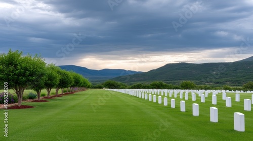 Wallpaper Mural Peaceful Cemetery Landscape with White Graves Under Dramatic Sky and Lush Green Trees on a Calm Evening in Rural Setting Torontodigital.ca