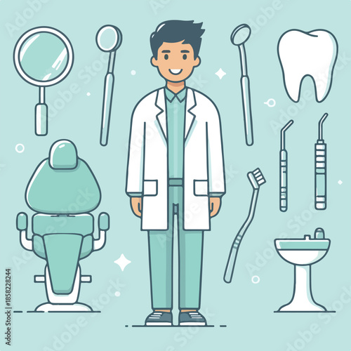 Vector set of 8 flat line art vector illustration of dentist profession, dental tools and clinic symbols.