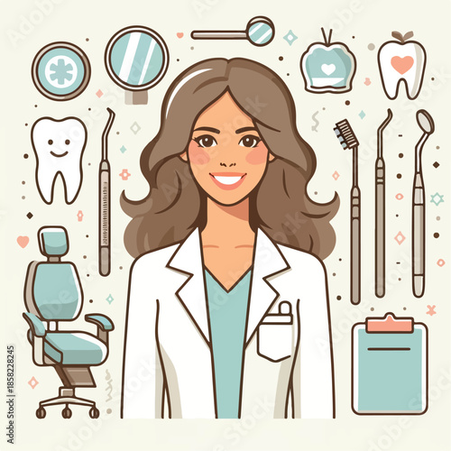 Vector set of 8 flat line art vector illustration of dentist profession, dental tools and clinic symbols.