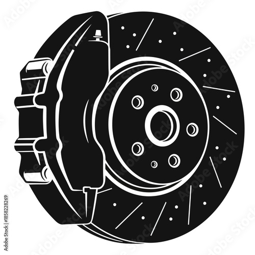 High-performance automotive car disc brake vector illustration in black and white silhouette style for vehicle braking system maintenance