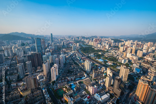 Fotografija Shenzhen City Aerial Skyline with Mountains and River View
