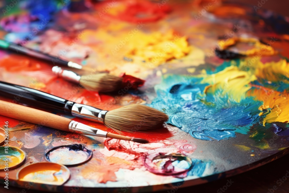 Fototapeta premium Artist palette mixing vibrant oil paint colors with art brushes