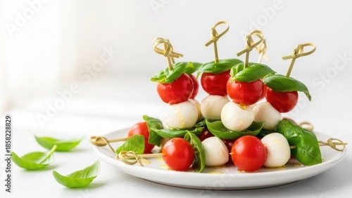 Cheese lover day food Caprese skewers with cherry tomatoes, mozzarella balls, and basil leaves on a white plate | Cheese, lover, day, food, festival.