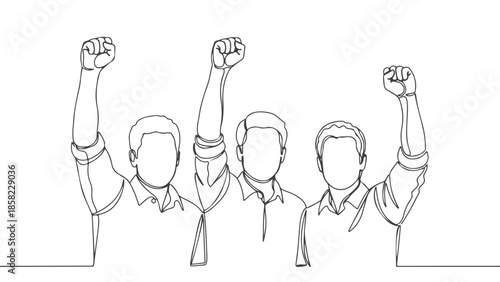 Continuous one line art vector illustration of people raising hands together in solidarity