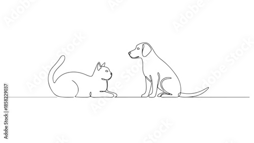 Continuous one line art vector illustration of a cat and dog sitting together in a simple environment