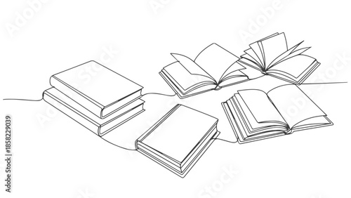 Continuous vector illustration of books stacked and open on a table in one line art