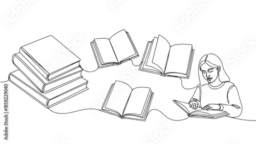 Continuous one line art vector illustration of a person studying surrounded by books in a minimalist environment