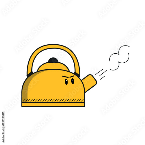 A cute and funny yellow kettle vector illustration with an angry expression, whistling steam coming out of the spout. This playful cartoon-style design is perfect for kitchen-themed projects