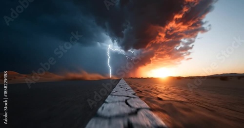 Dramatic Desert Road Video Clip at Sunset with Approaching Storm Clouds and Lightning, Cinematic Wide Angle Shot, Epic Landscape Footage
