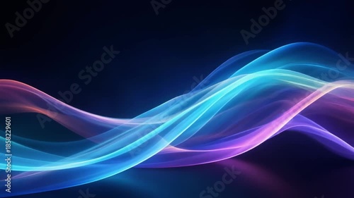 Abstract flowing light waves in vibrant blue, cyan, and purple hues against a dark background, creating a dynamic and modern visual.