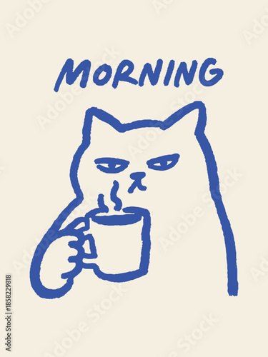 Cat with coffee mug morning lettering doodle vector illustration