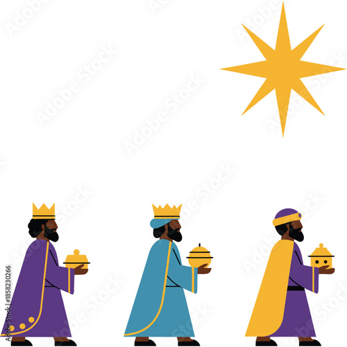 Three Wise Men Following the Star to Bethlehem with Gifts: Christmas Journey Illustration