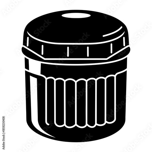 Automotive engine oil filter vector illustration in black and white silhouette style for vehicle lubrication system maintenance and service.