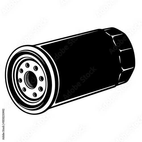 Automotive engine oil filter vector illustration in black and white silhouette style for vehicle lubrication system maintenance and service.