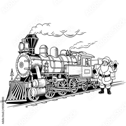 Minimalist black line art showing Santa Claus and his helpers standing beside a vintage steam train, featuring bold outlines and classic holiday character style.