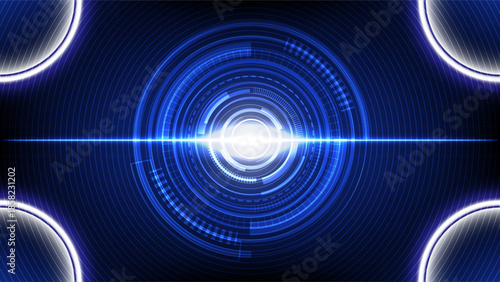 Abstract futuristic technology background with blue glowing circles, digital HUD interface and central light beam energy effect