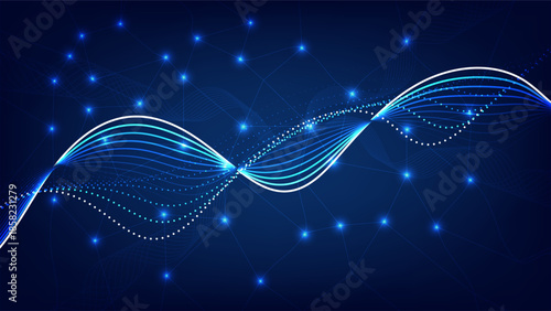 Futuristic abstract wave background with flowing blue lines, glowing dots and connected network nodes representing data and technology