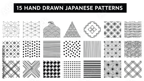 Traditional Japanese seamless pattern collection, hand drawn black and white motifs, cultural textile design, geometric and floral elements - flat vector illustration