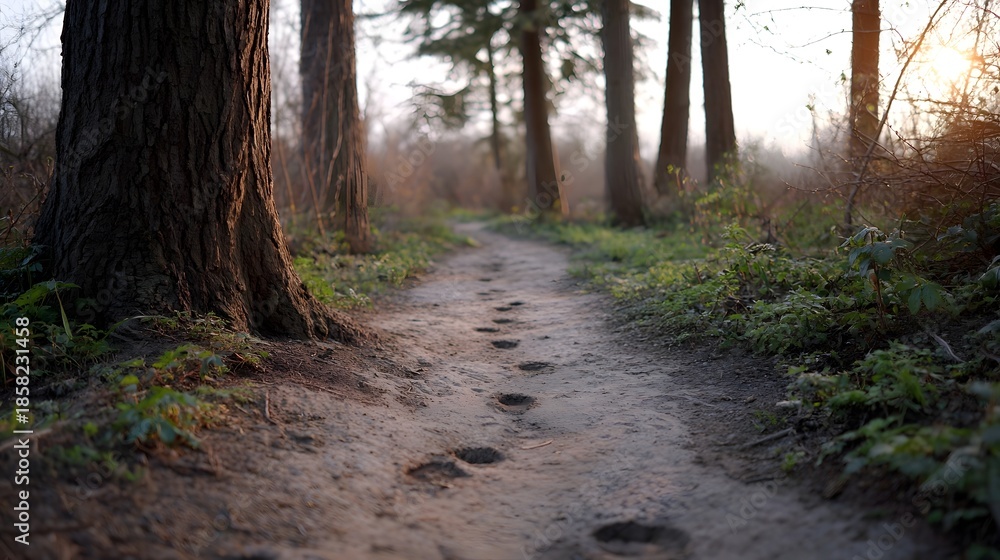 Fototapeta premium A dirt path with footprints winds through a tranquil forest at dawn bathed in soft sunlight