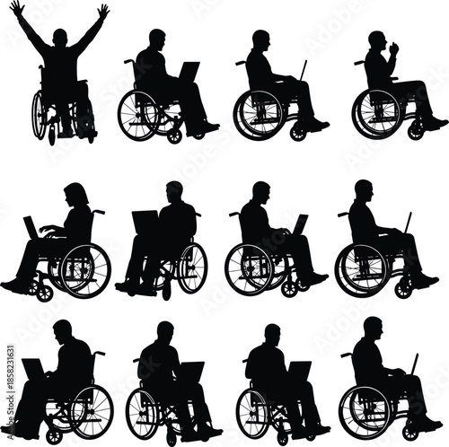 Wheelchair users with laptops, inclusive workspace, disability empowerment, remote work, technology access, professional participation, silhouette design, accessibility, flat vector
