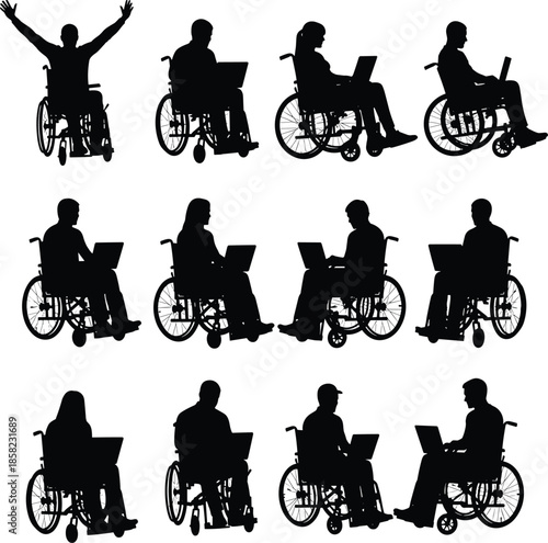 Wheelchair users with laptops, inclusive technology, disability empowerment, remote work, silhouette illustration, accessible workspace, digital inclusion, productivity, flat vector