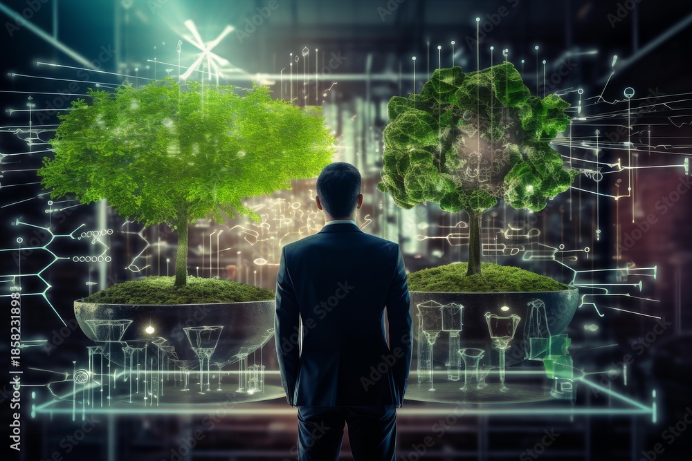 Fototapeta premium Man standing between two trees, one natural and one digital, symbolizing sustainable innovation