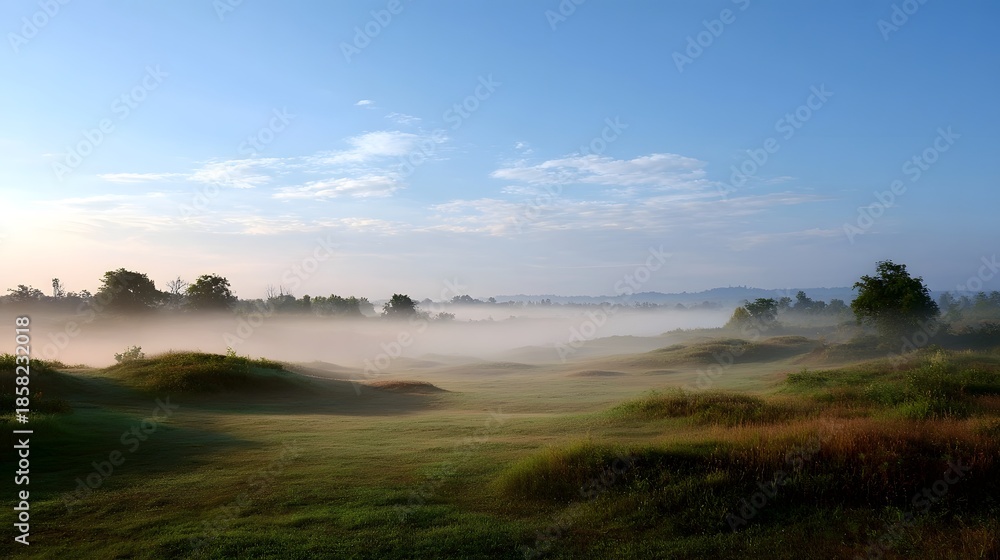 Fototapeta premium A serene landscape shrouded in morning mist with rolling green hills under a soft blue sky at sunrise