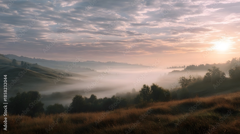 Obraz premium Misty hills and valleys bathed in soft golden sunrise light creating a serene and atmospheric landscape