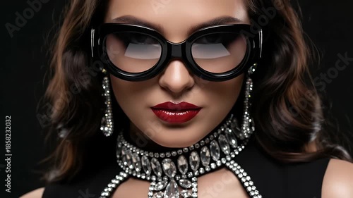 Glamorous portrait of a stylish woman wearing oversized sunglasses and elegant jewelry, perfect for high-fashion advertising, luxury brands, and beauty campaigns.