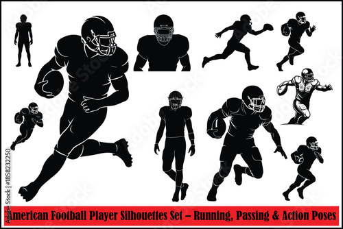 American Football Player Silhouettes Set – Running, Passing and Action Poses Vector