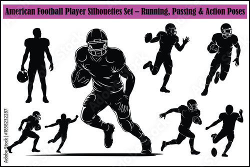 American Football Player Silhouettes Set – Running, Passing and Action Poses Vector