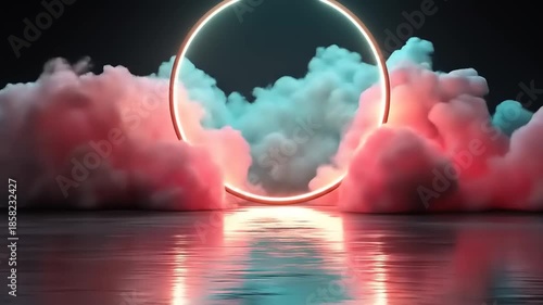 Abstract composition with glowing ring and fluffy clouds digital art