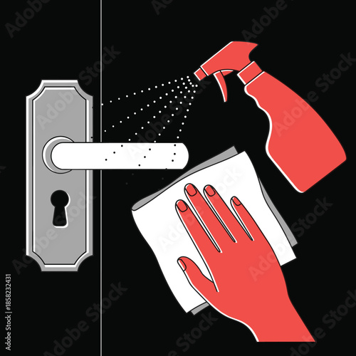 Hand cleaning door handle, disinfectant spray, hygiene practice, germ prevention, sanitation concept, virus protection, cleanliness routine, safety measure, flat vector