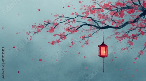 Serene artwork of a blooming cherry blossom branch with a hanging lantern, red petals falling, against a misty blue backdrop