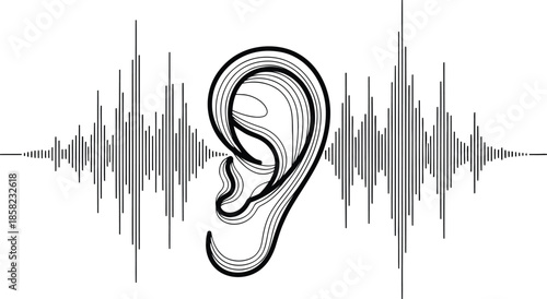 Minimalist Ear Silhouette with Sound Waves Representing Hearing and Audio Communication