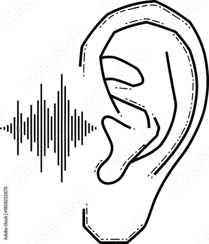 Simple Black Silhouette of an Ear with Radiating Sound Waves Minimal Audio Icon Illustration